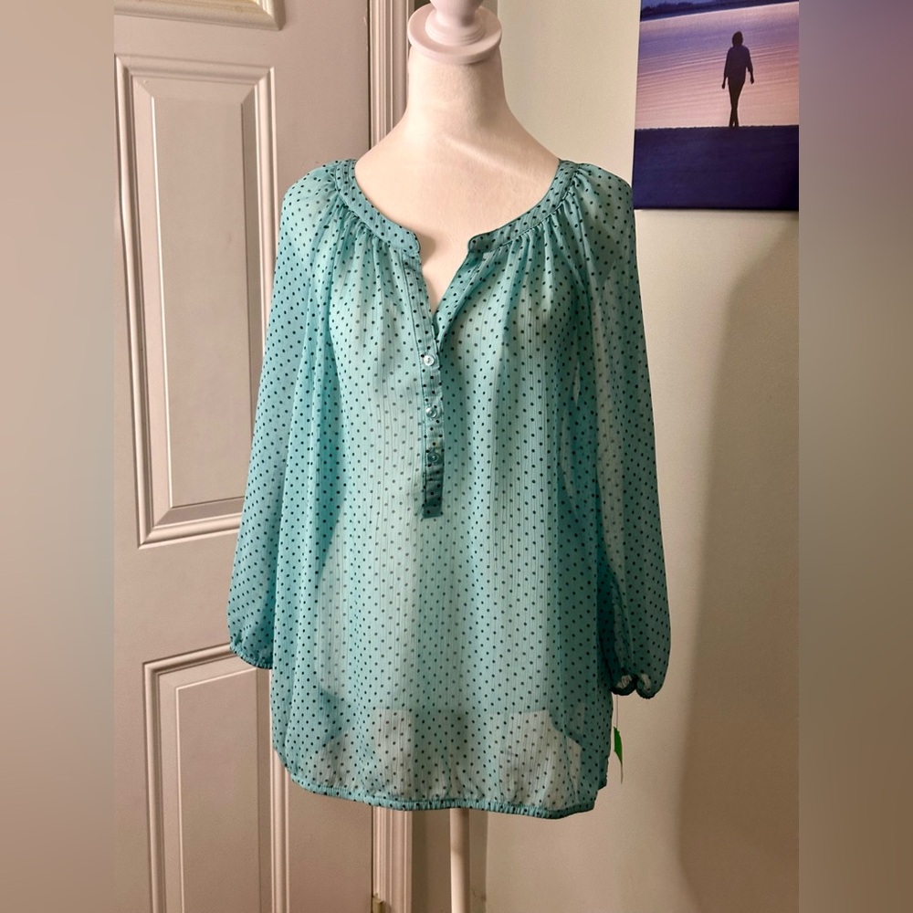 Liz Claiborne Sheer Teal Polka Dot Blouse - Picture 3 of 11
